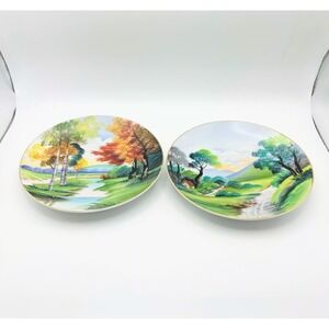 Vintage Hand Painted Japan Landscape Decorative Plates Set of 2 Gold Rim 7.5"